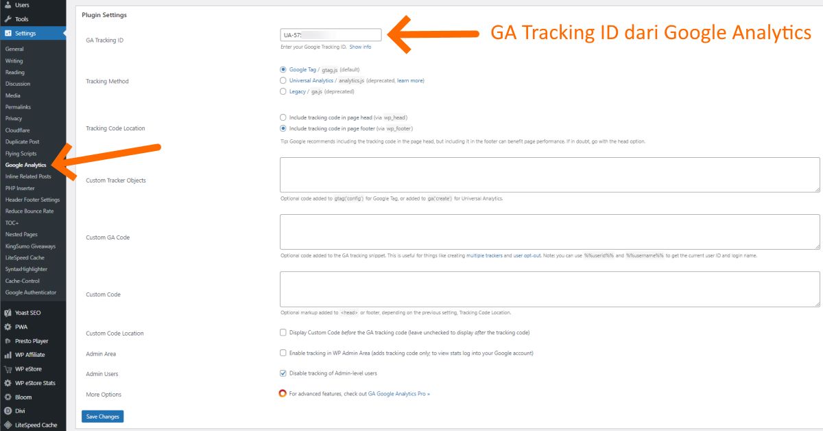 WordPress Settings - GA Google Analytics