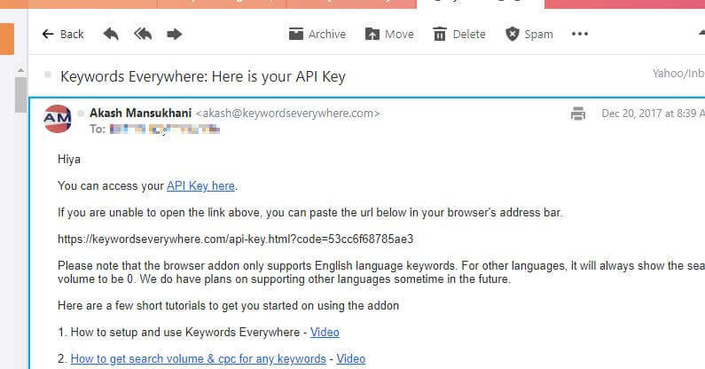 Keywords Everywhere - API Key eMail