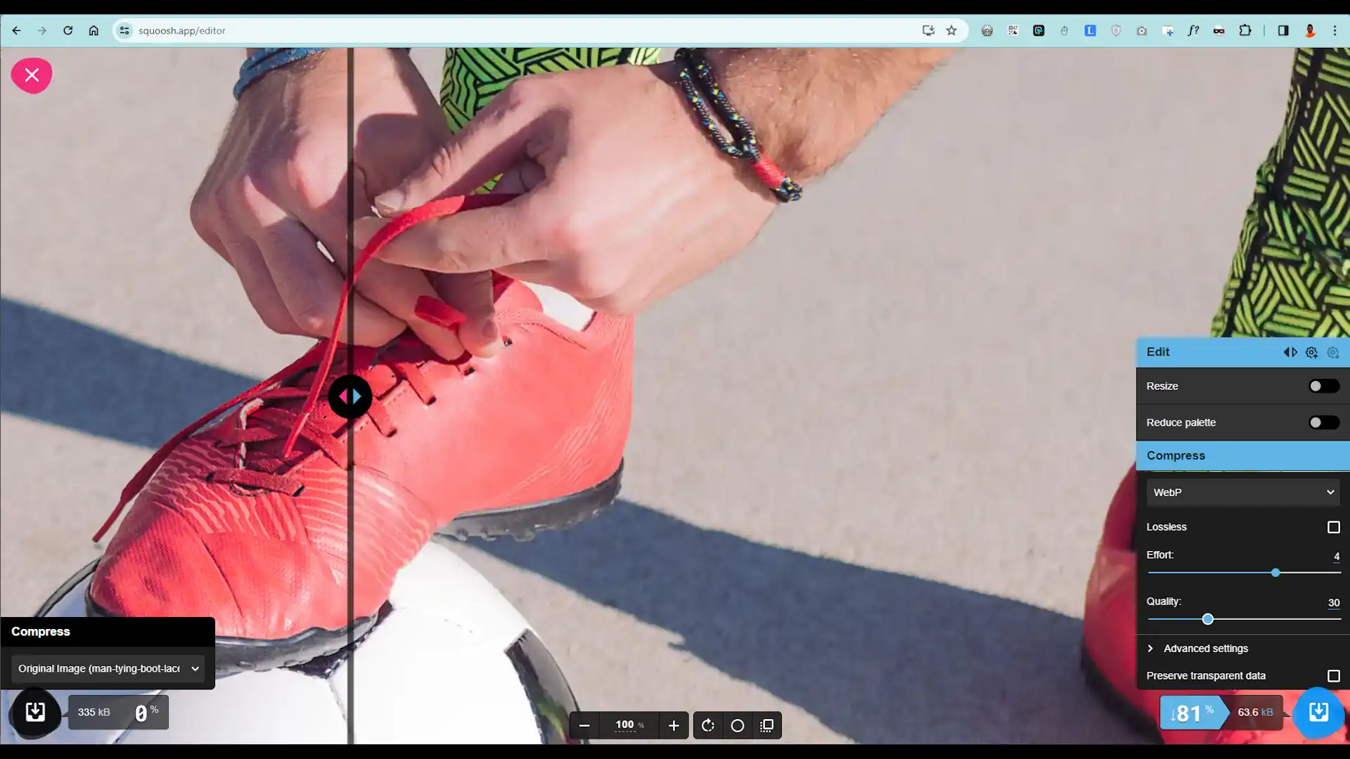 Squoosh App screen capture image of a man tying soccer boot laces.