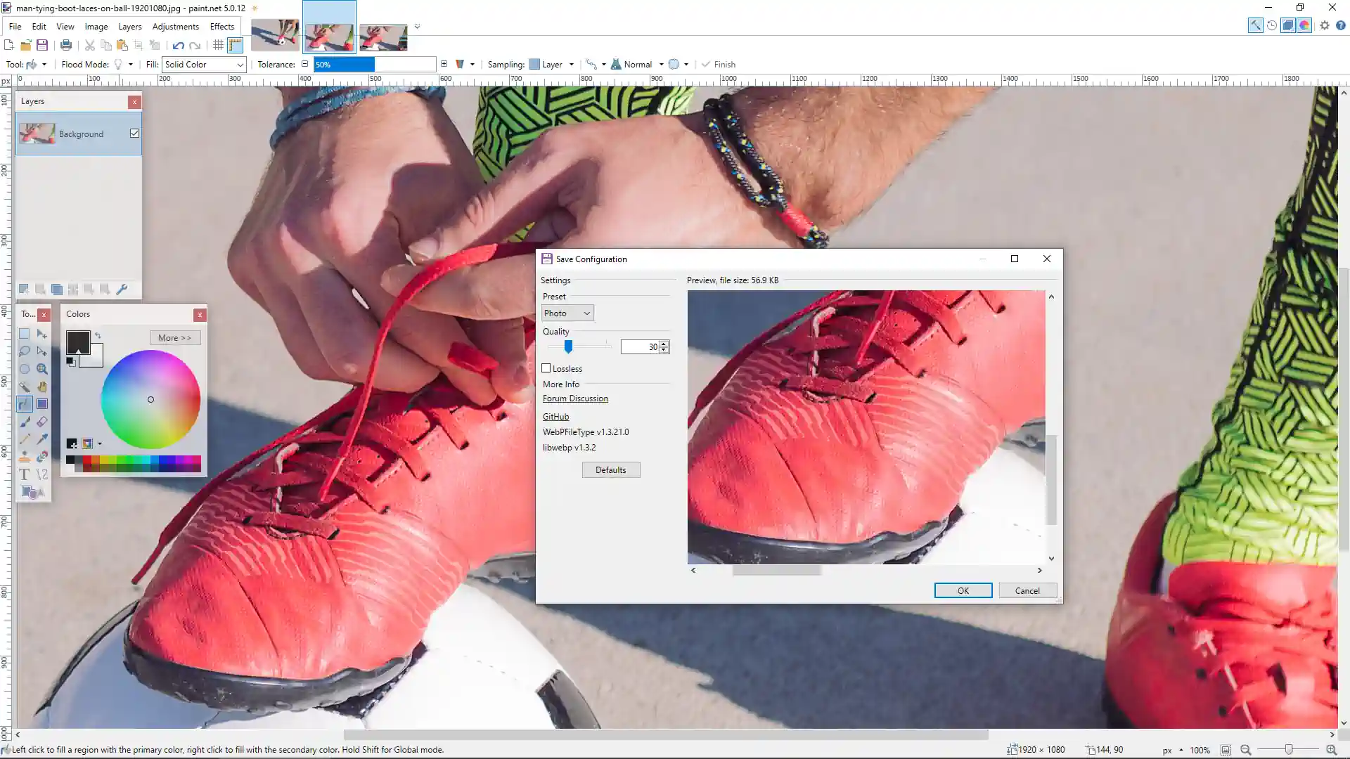 Screen capture of saving image file as webp in paint.net
